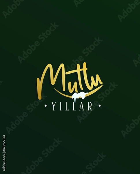 Fototapeta a celebrating card with a turkish text meaning 'happy new year' and a piece of snow on a dark green background