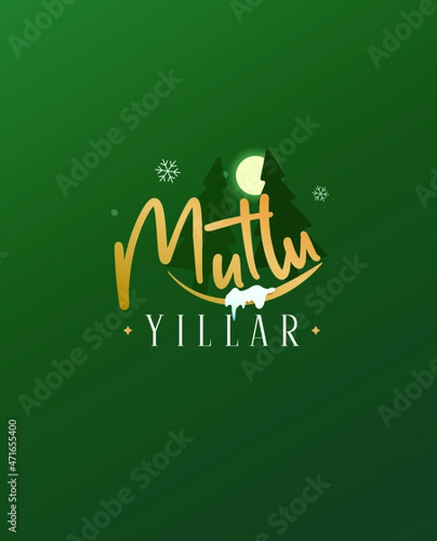 Fototapeta a celebrating card with a text meaning 'happy new year' and snowflakes and pine trees under the full moon