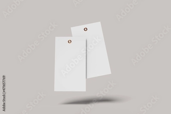 Fototapeta Blank paper gift tag, label mockup with rope and olive tree branch on white table background in sunlight. Summer sale, branding concept. Mediterranean design. 