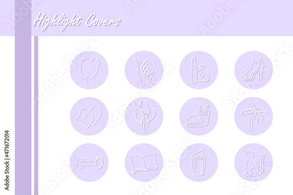 Obraz Set of vector icons for highlight covers for female's blog on purple background