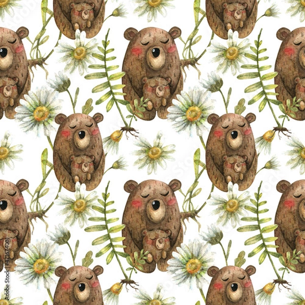 Obraz Watercolor seamless floral pattern with wild daisies, buds, roots, meadow flowers. Cute family of bears, where mom hugs the baby.