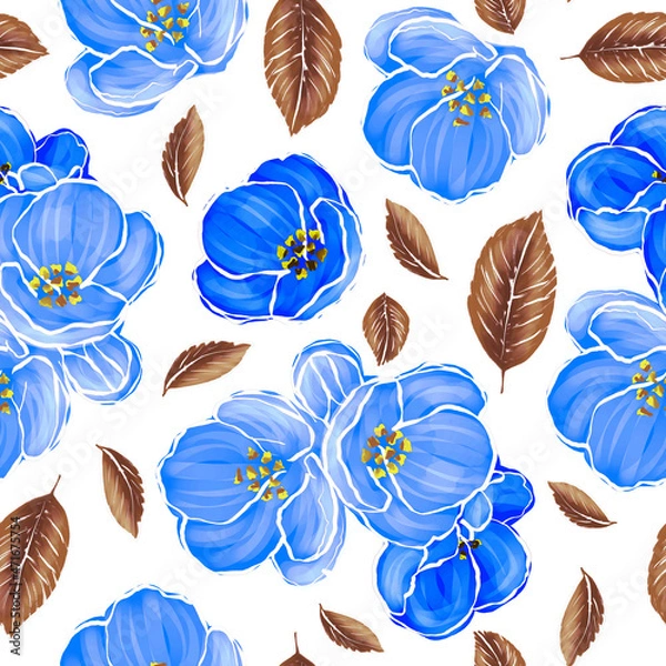 Fototapeta Blue flowers and brown leaves on a white background. Seamless pattern.