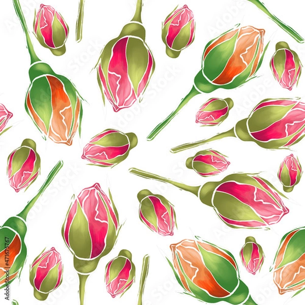 Fototapeta Rosebuds on a white background. Digital painting. Seamless pattern. Design for greeting card, print, cloth, wrapping.
