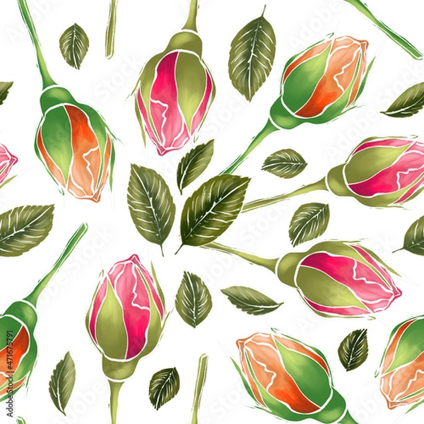 Obraz Rosebuds and leaves on a white background. Seamless pattern. Design for greeting card, print, cloth, wrapping.