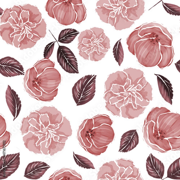 Fototapeta Roses and leaves on a white background. Seamless pattern. 
