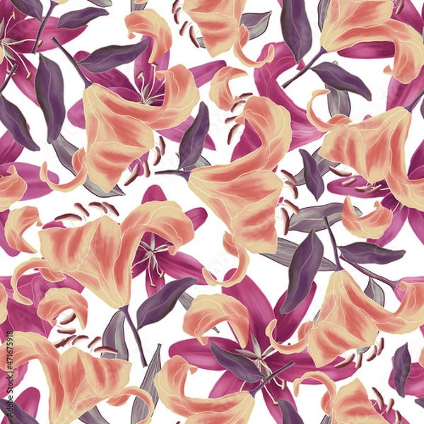 Fototapeta Irises and leaves on a white background. Seamless pattern. Digital painting.