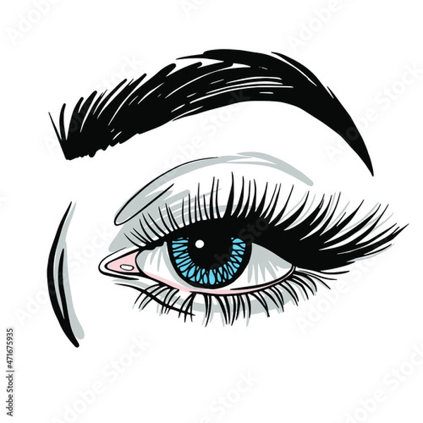 Obraz Sketch of an eye with long eyelashes on a white background. Vector illustration.