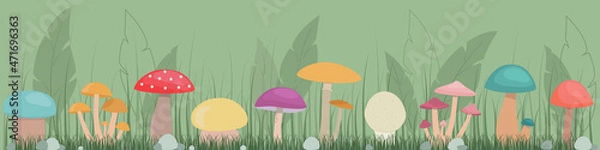 Fototapeta Vector horizontal cartoon pattern of edible and inedible mushrooms in the forest.