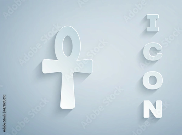 Fototapeta Paper cut Cross ankh icon isolated on grey background. Egyptian word for life or symbol of immortality. Paper art style. Vector