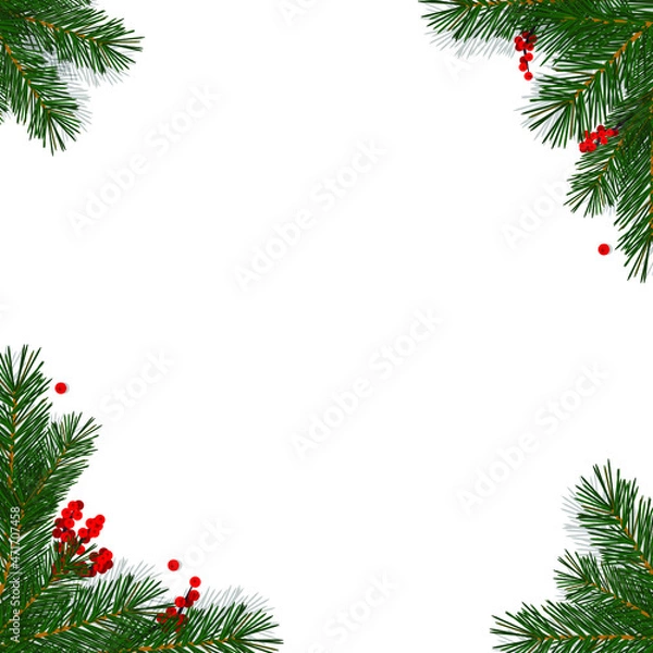 Fototapeta Christmas decor, a branch of a Christmas tree, red rowan berries, decoration in the corners of a square white background. Vector illustration, realistic 3d design, isolated on white background, eps 10