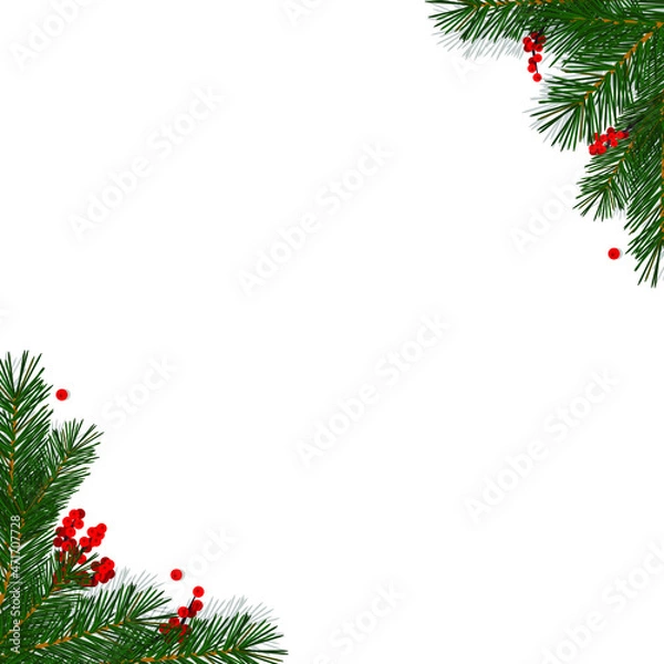 Fototapeta Corner border for square white background. Christmas decor, fir branches, red rowan berries, realistic design. Vector illustration isolated on white background, eps 10.