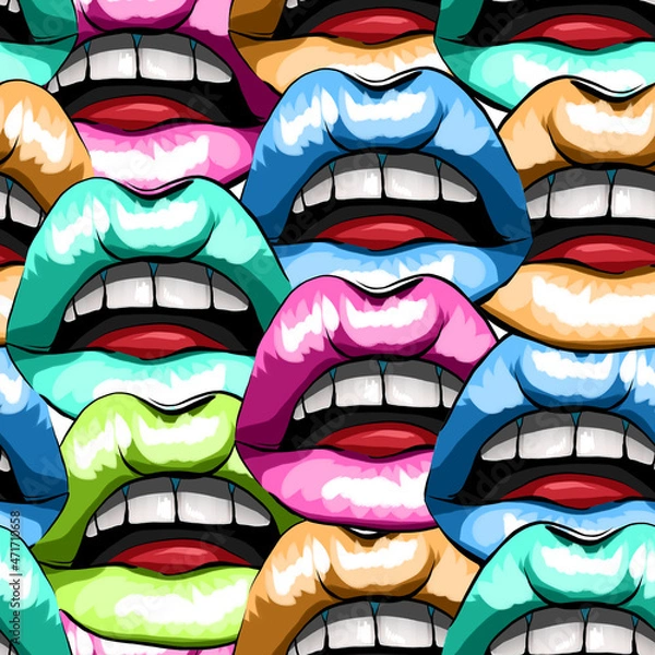 Obraz Open mouths with colorful lips. Seamless pattern. Design for fabric, print, card, wrapping.