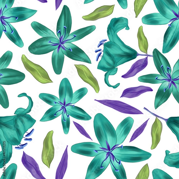Obraz Blue flowers and green leaves on a white background. Seamless pattern.