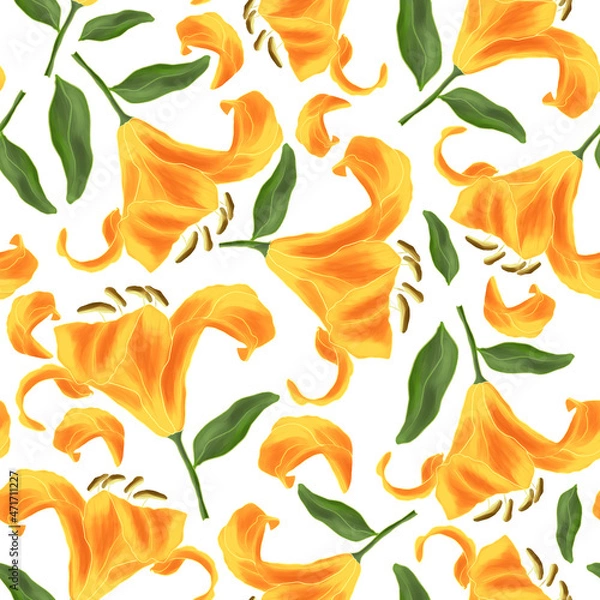 Fototapeta Yellow irises on a white background. Seamless pattern. 