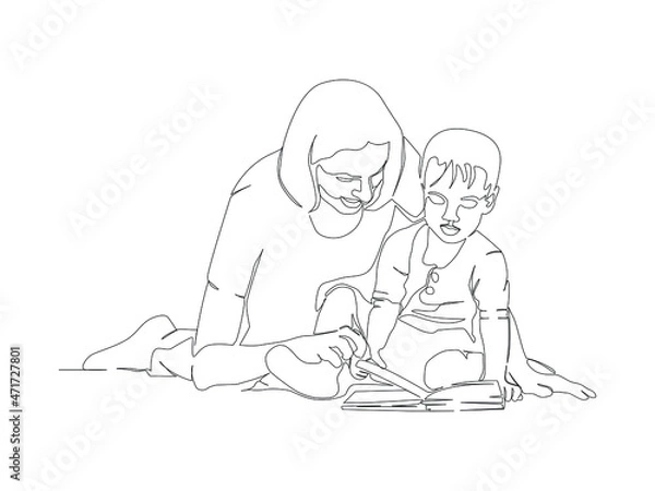 Fototapeta A young mother who reads a book together and wants to teach her child knowledge. Single-line picture of mother and child, parent vector description. The concept of a happy family spending time togethe