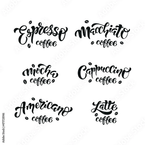 Fototapeta Hand drawn lettering coffe set. Vector illustration. Typography text design for a coffee house. Set of vector inscriptions.
