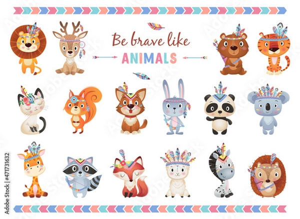 Fototapeta Be brave like animals Cute brave ethnic Indians animals with feathers collection on white Background