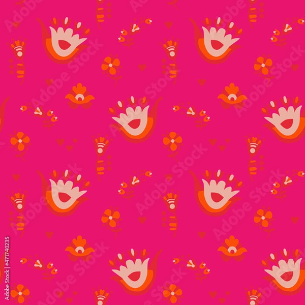 Fototapeta Seamless pattern created from folk style elements on a pink background. For fabric, sketchbook, wallpaper, wrapping paper.