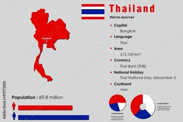 Fototapeta Thailand infographic vector illustration complemented with accurate statistical data. Thailand country information map board and Thailand flat flag