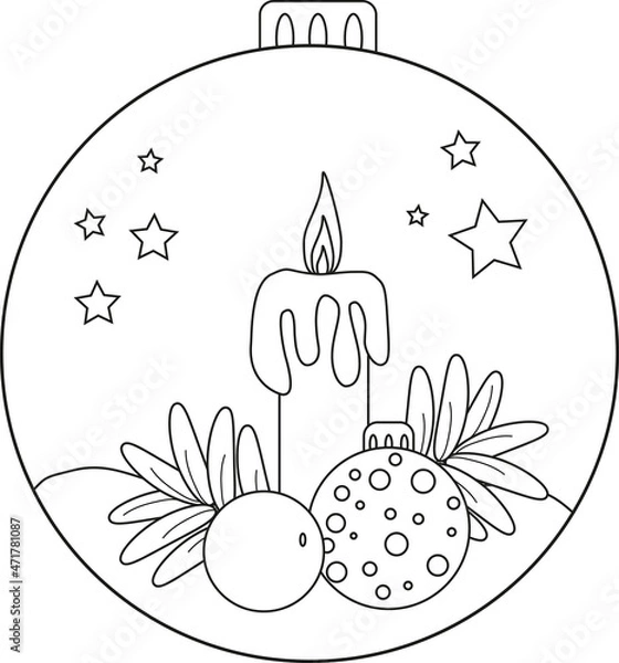 Fototapeta New year theme black and white poster with candle, toy, tree. Coloring book page for adults and kids. Flat vector illustration for gift card, flyer, certificate or banner.