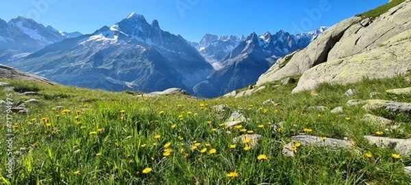 Fototapeta Mountain panorama on the way to Lac Blanc on a sunny summer morning, France