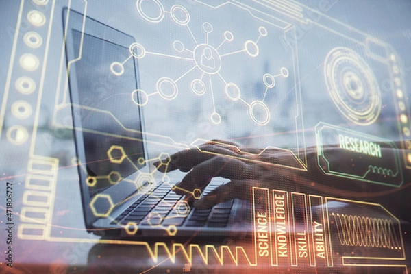 Fototapeta Double exposure of woman hands working on computer and data theme hologram drawing. Tech concept.