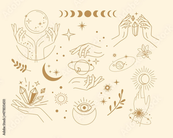 Fototapeta Set with female magical hands. Icons and logos trend one line vector illustration. Moden mystical concept