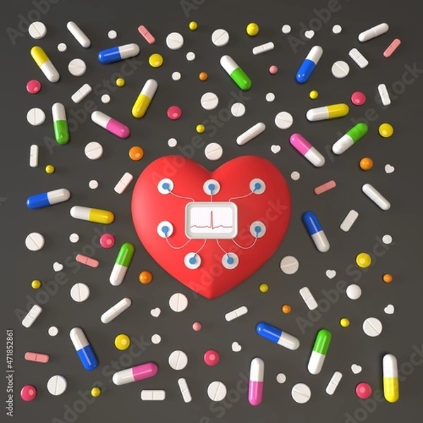 Fototapeta Toy heart with holter and sensors, pills on a dark gray background. 3d rendering