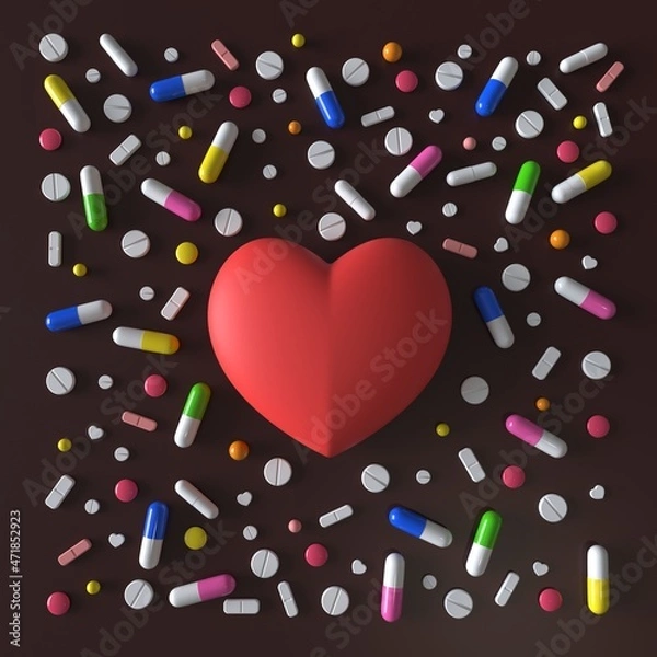 Fototapeta Red toy heart surrounded by pills of different shapes and colors. Love pills. 3d rendering