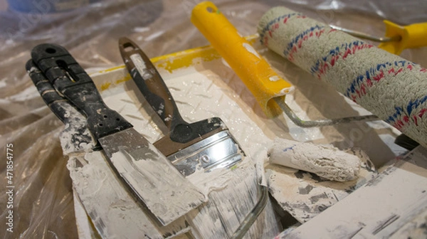 Obraz Painting tools, roller, brush and spatulas