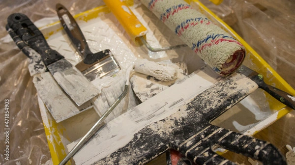 Obraz Painting tools, roller, brush and spatulas