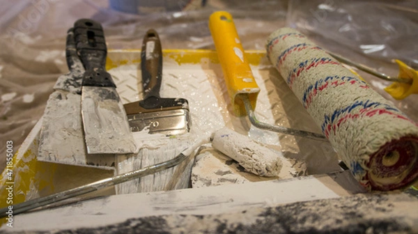 Obraz Painting tools, roller, brush and spatulas