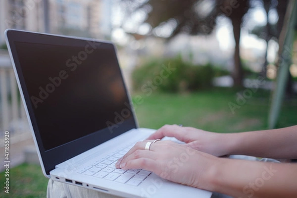Obraz Female hands on laptop, woman types on keyboard sitting in park.