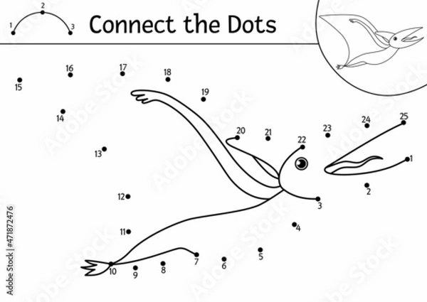 Fototapeta Vector dot-to-dot and color activity with cute flying pterodactyl dinosaur. Prehistoric connect the dots game for children. Funny math coloring page for kids with dino.