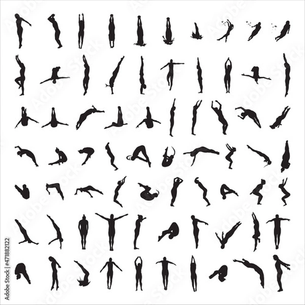 Obraz Collection of black silhouettes of diving sport characters isolated on a white background.