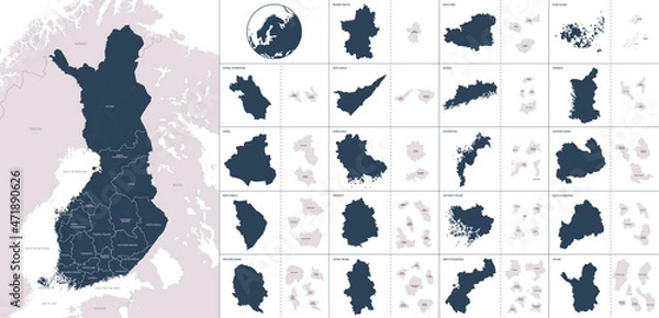 Obraz Vector color detailed map of Finland with administrative divisions of the country, each region is presented separately with high detail divided into districts and sub-regions