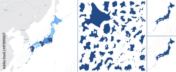 Obraz Detailed vector blue map of Japan with administrative divisions into regions and prefectures of the country