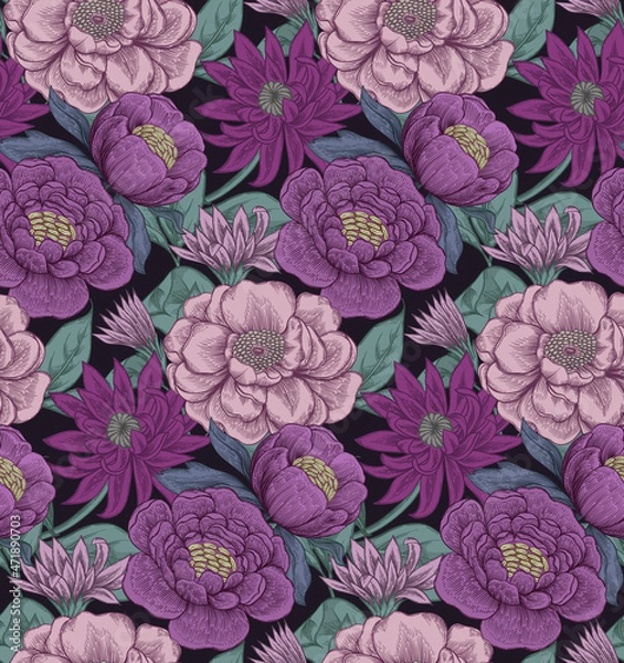 Obraz Chic pink roses and peonies. Vintage floral seamless pattern. Botanical print on black background.