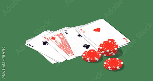 Fototapeta 2022 Happy New Year isometry casino style greeting card with playing cards different suits, tokens chips bet on green casino table. Merry Christmas 2K22 Xmas banner poker and blackjak isometric design