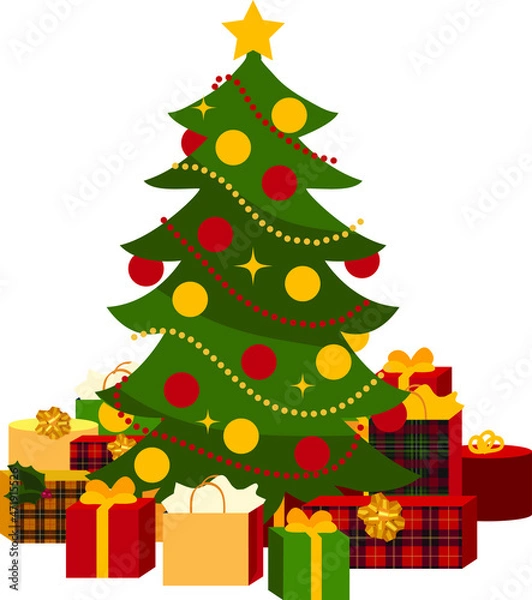 Obraz Christmas tree with ornaments, star, and presents. Isolated vector illustration.