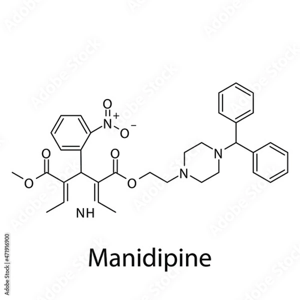 Fototapeta Manidipine molecular structure, flat skeletal chemical formula. Calcium channel blocker CCB Dihydropyridine drug used to treat Hypertension. Vector illustration.