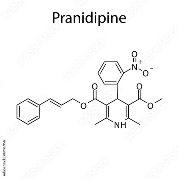 Fototapeta Pranidipine molecular structure, flat skeletal chemical formula. Calcium channel blocker CCB Dihydropyridine drug used to treat Hypertension. Vector illustration.