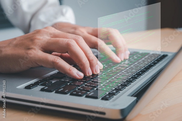 Fototapeta Hacker hand using keyboard typing bad data into computer online system and spreading to global stolen personal information, fingerprint.