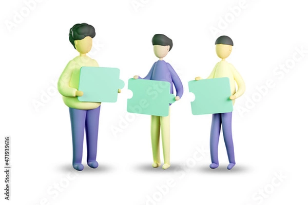 Fototapeta 3D illustration of teamwork. three people hold a puzzle. 3d render illustration