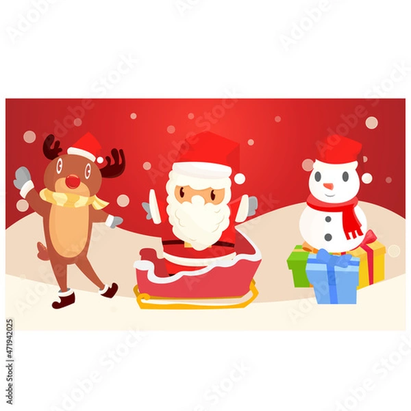 Fototapeta Merry Christmas and Happy New Year greeting card with cute Santa snowman gifts and deer in Christmas snow scene premium vector