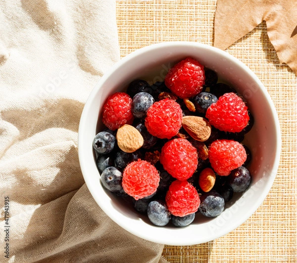 Obraz Autumn style breakfast with red fruits, nuts, honey, milk and toast