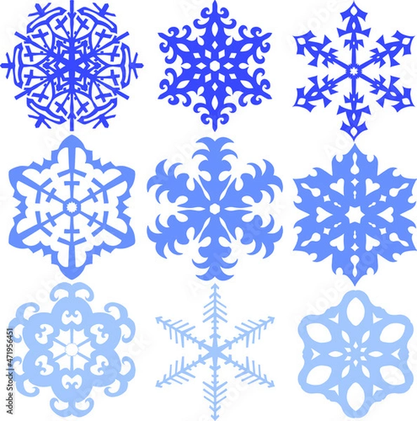 Fototapeta Set set of 9 (nine) snowflakes. Winter flat vector decorations elements. 