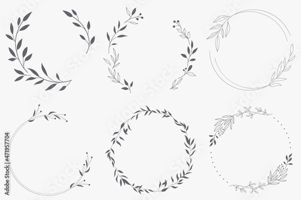 Obraz Floral Wreath branch in hand drawn style. Floral round gray and white frame of twigs, leaves and flowers. Frames for the Valentine's day, wedding decor, logo and identity template.