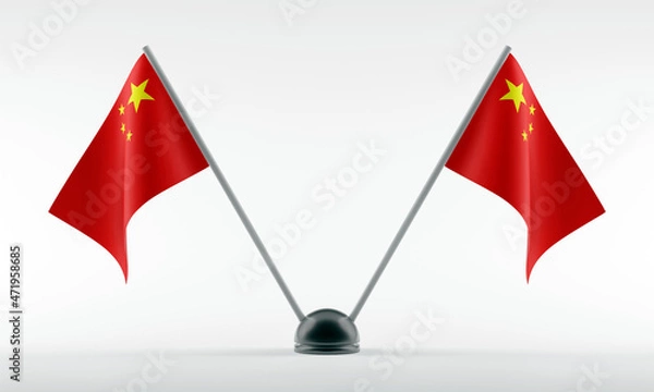 Fototapeta Table stand with two national flags of China. Isolated on a white background. 3d render