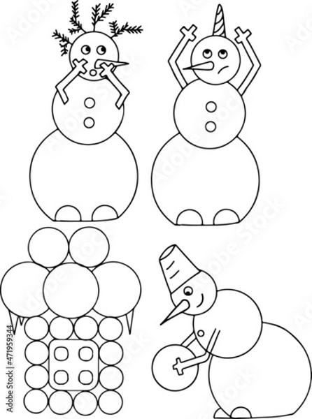 Fototapeta A set of two snowmen subject vector illustrations. Picture for coloring. (Snowman unicorn, snowman builds a snow house)